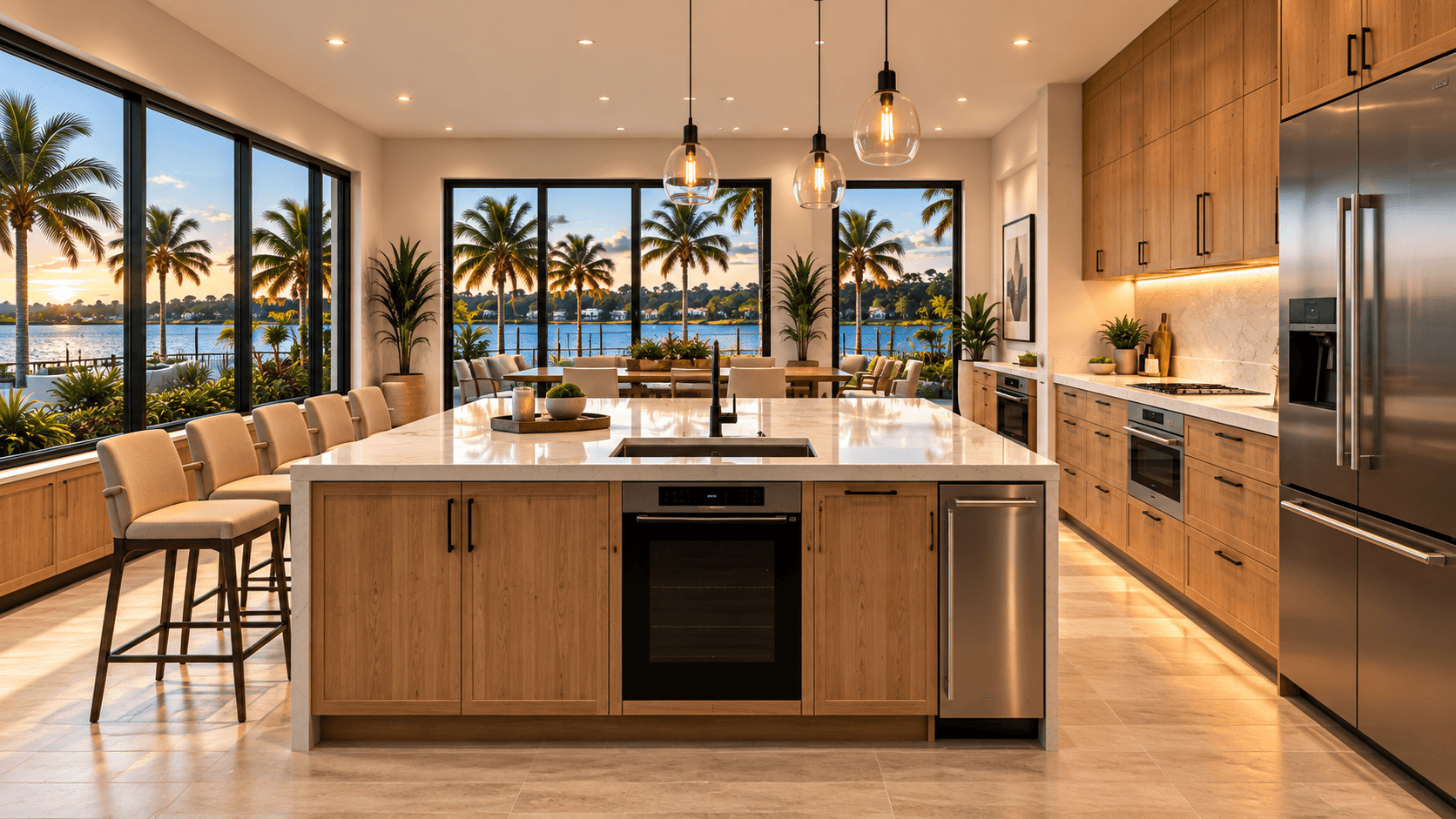 Open-concept kitchen with waterfront views, custom wood cabinetry, and stainless appliances